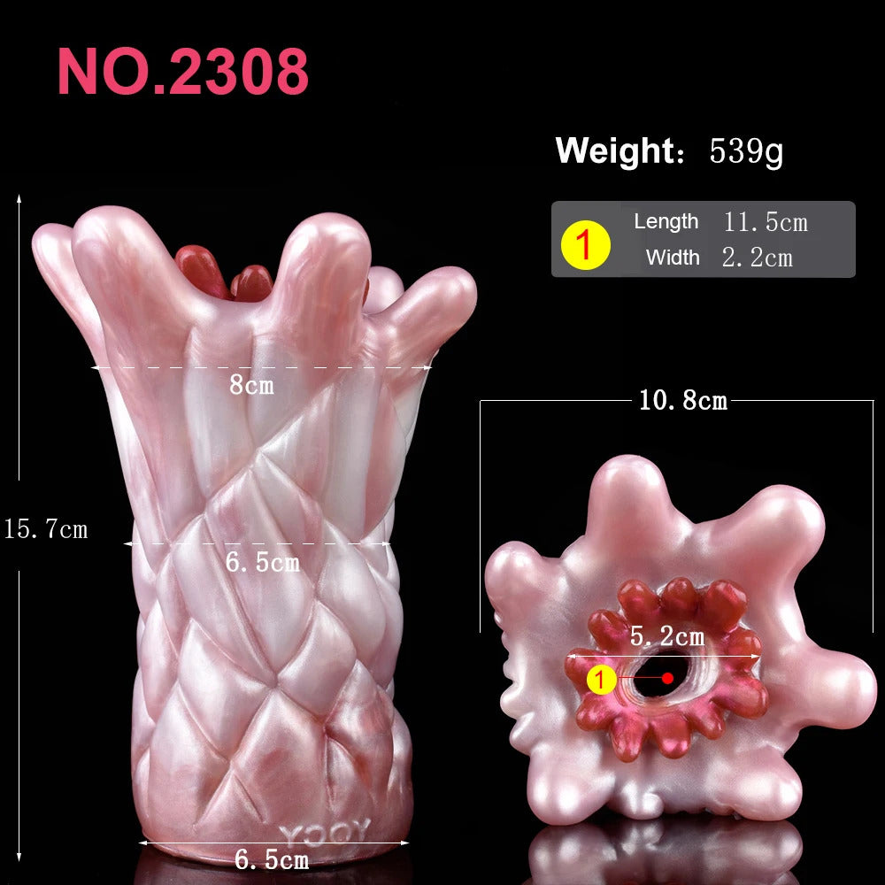 Yoyo the Tentacle product diagram showing pink octopus stroker silhouette and red opening