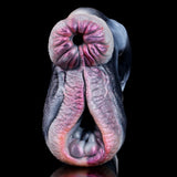 Zwei-Loch Zebra-Masturbator, runde Öffnung mit pinker Textur und dunkler Mitte