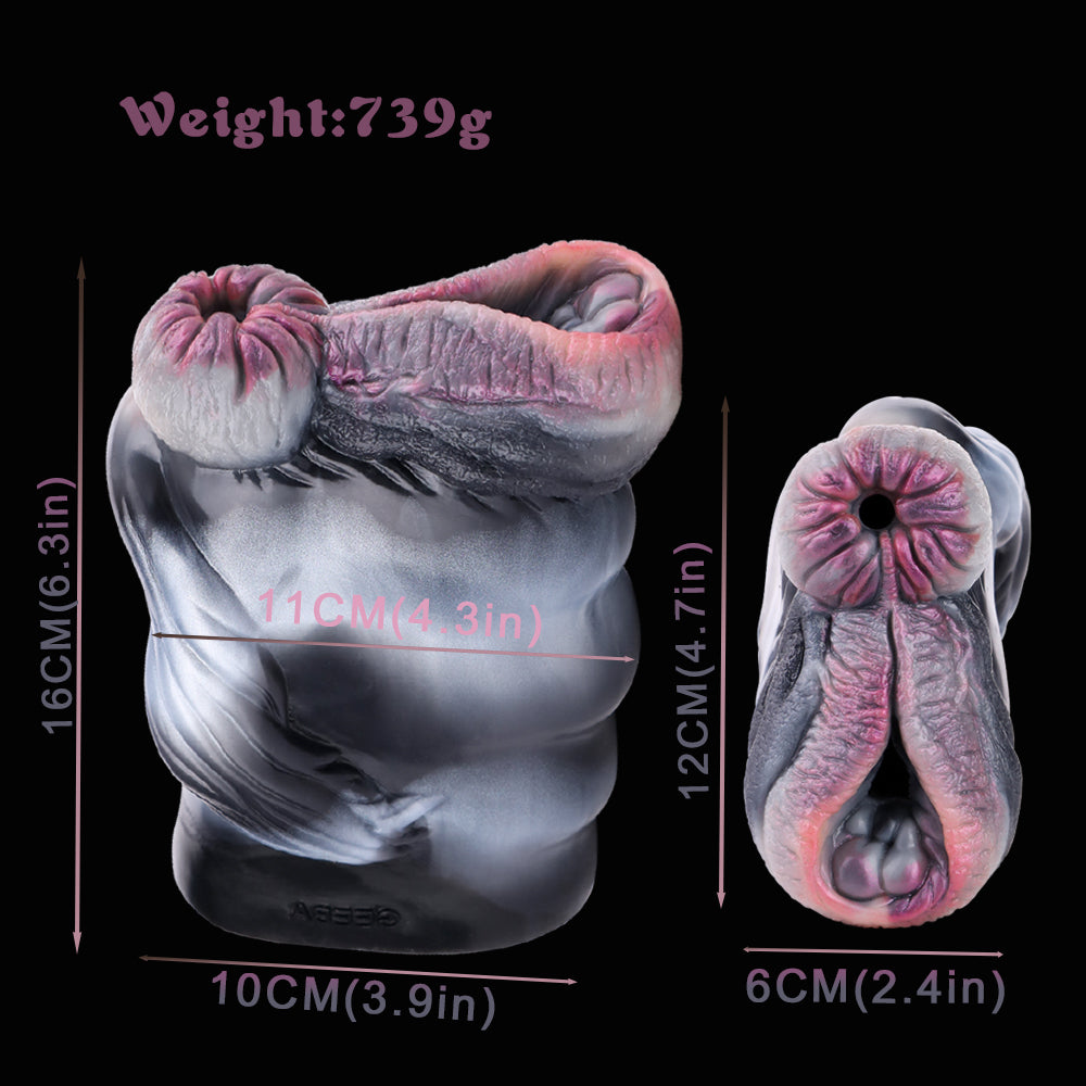 Zwei-Loch Zebra-Masturbator mit Größenangaben: 10 cm lang, 16 cm hoch, 6 cm breit