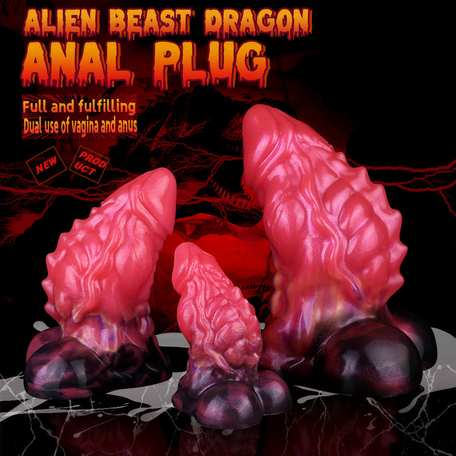 Curved dragon-shaped anal plug with glossy pink-red body and dark purple base.