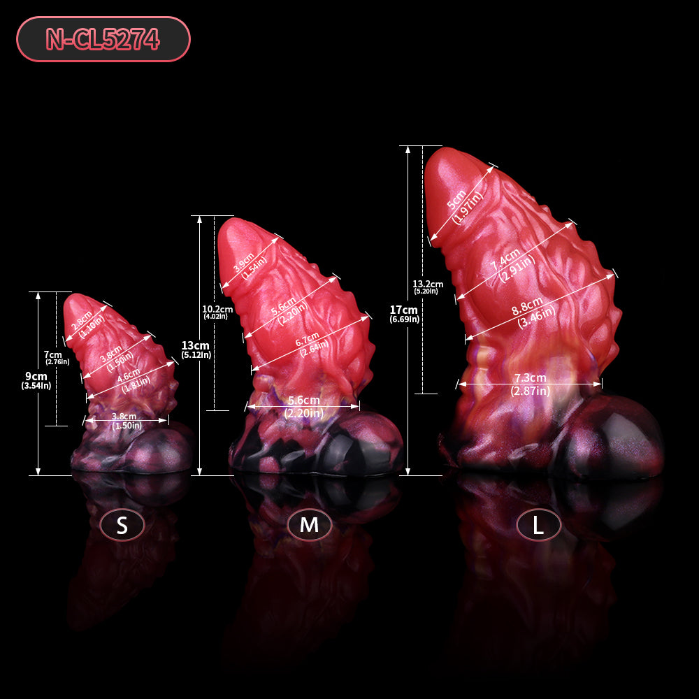 Zereth curved dragon anal plug, sizes S M L, glossy pink and dark purple base