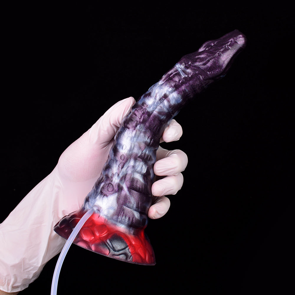 Purple-and-white dildo with red base, gloved hand gripping handle