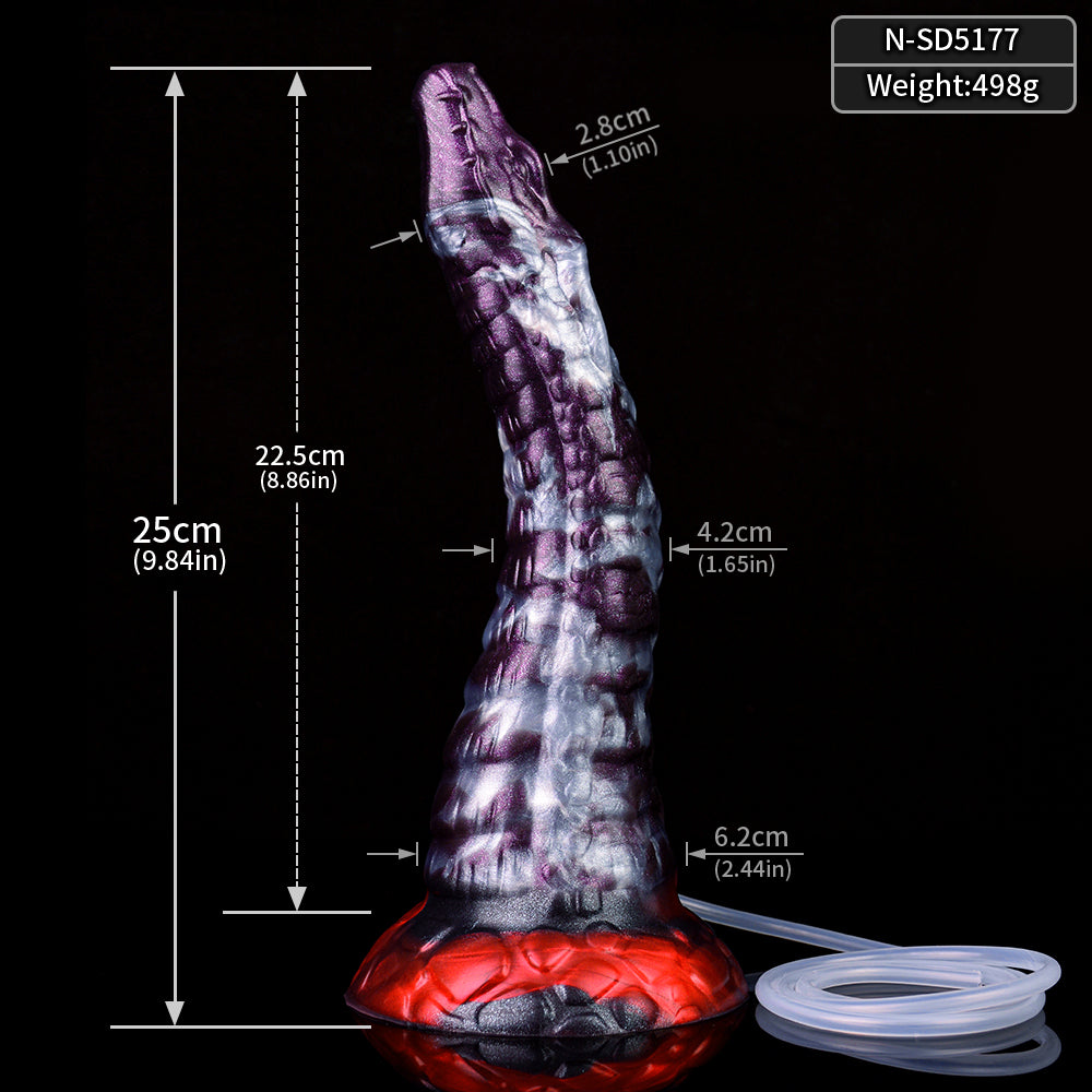 Purple-and-white serpentine squirt dildo, size diagram with red base