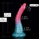 Pink-and-teal curved dildo with detailed scale texture, size markings visible