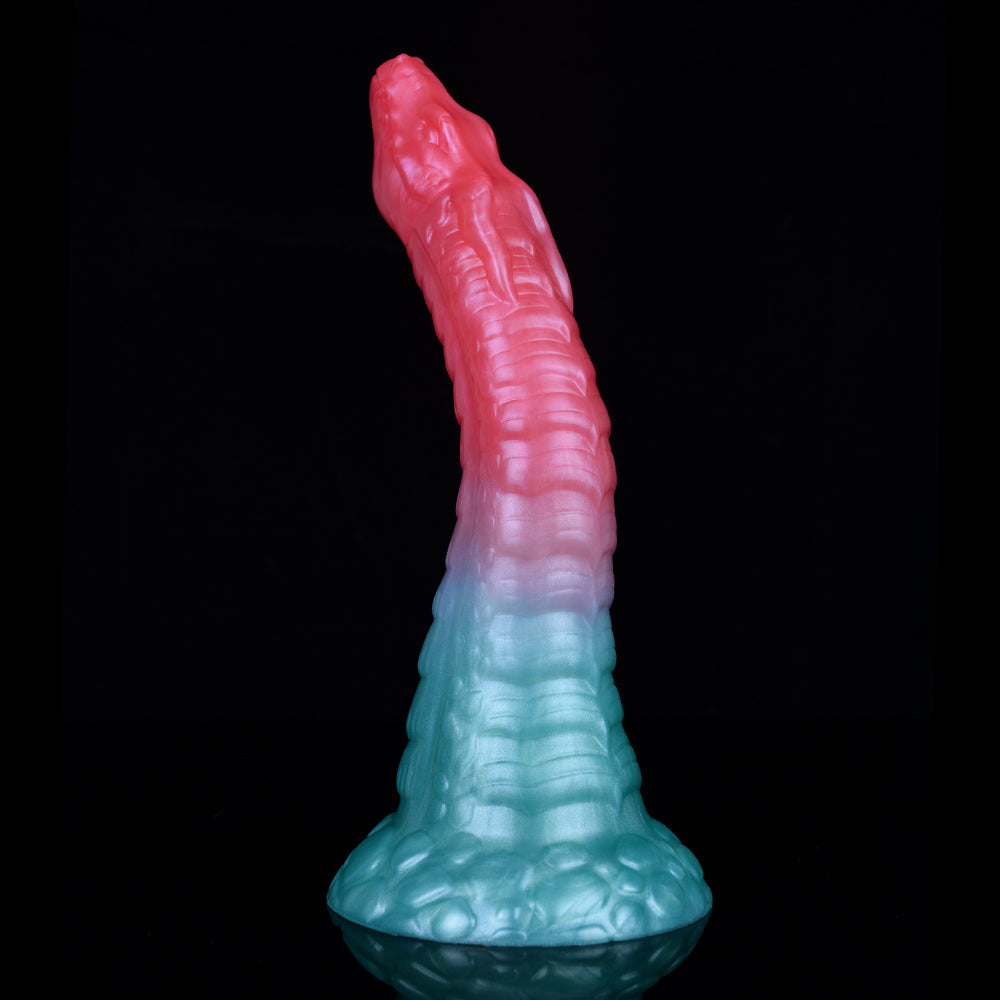 Curved dragon butt plug with pink ridged shaft and teal base.