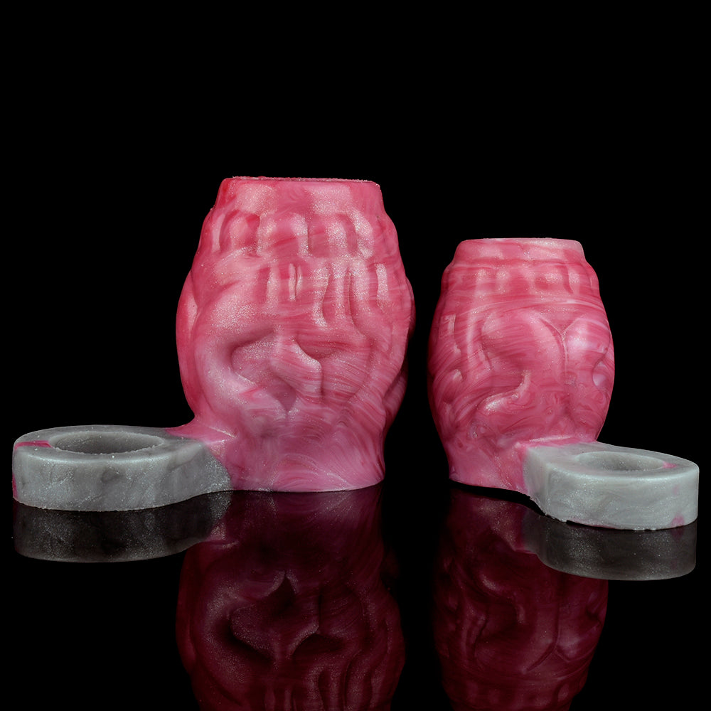 Pink ribbed sleeve ring with two gray base bands and textured body