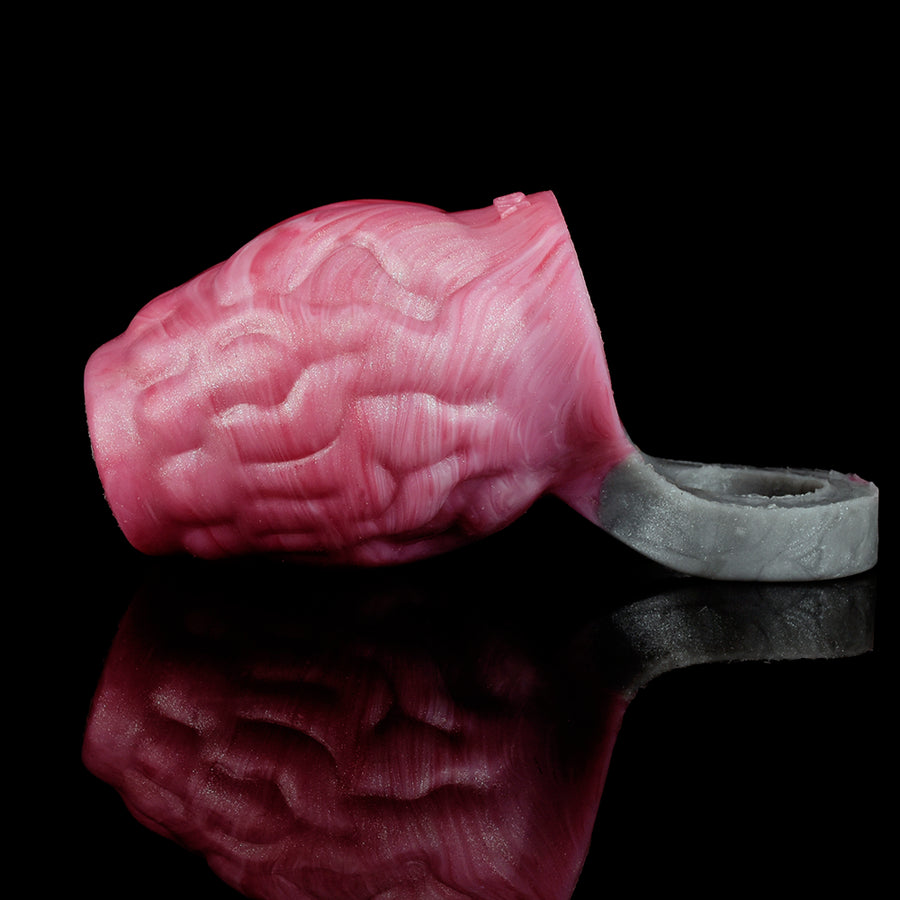 Pink ribbed sleeve with gray ring cuff, side angle with textured details