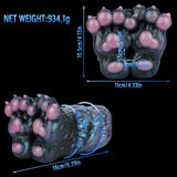 Monster paw-shaped novelty toy with pink claw pads, size diagram shown