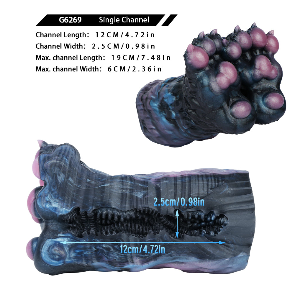 Monster paw-shaped novelty toy with dimension labels; dark blue and pink pads