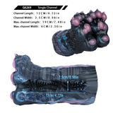 Monster paw-shaped novelty toy with dimension labels; dark blue and pink pads