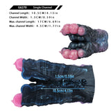 Dark blue and black textured toy with pink end bumps; measurements diagram