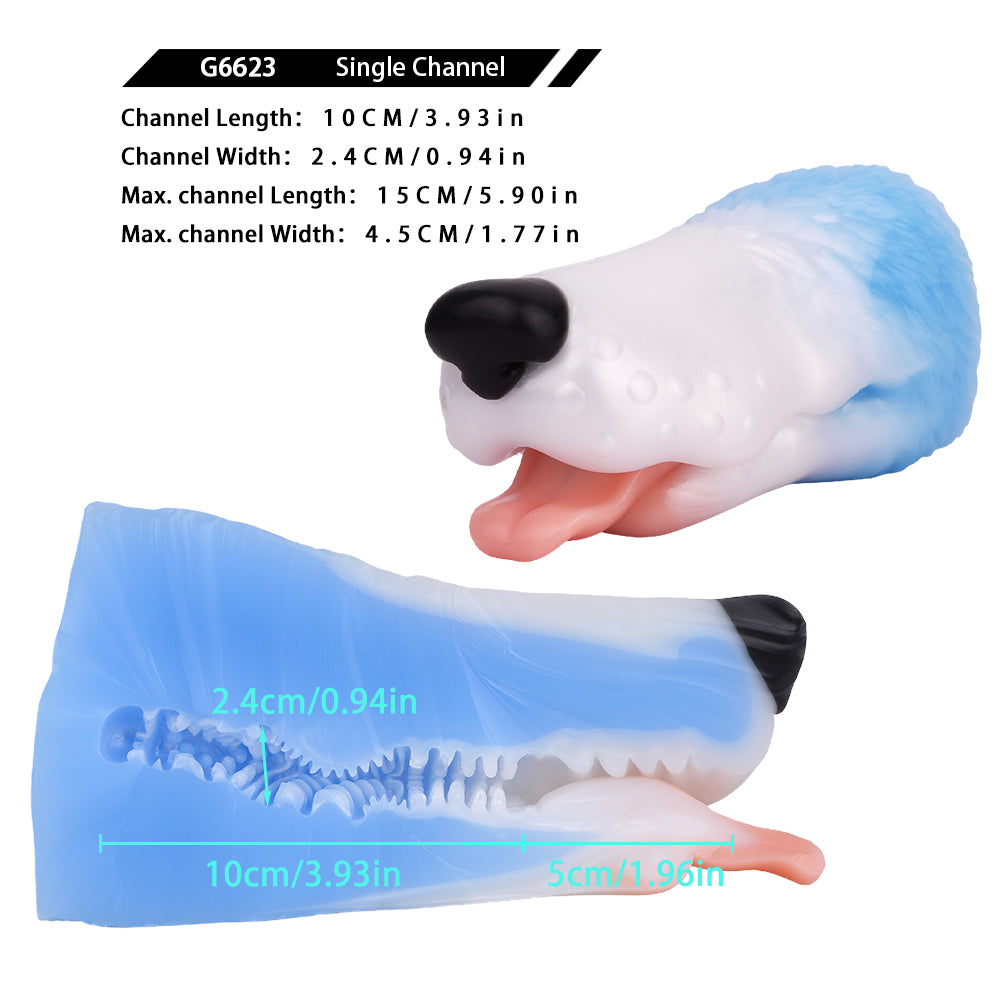 Dog-shaped toy shown beside a blue-and-white cross-section diagram, front view