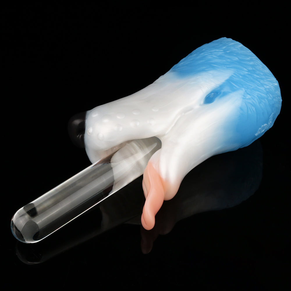 Dog-shaped toy with clear tube extension at the mouth, white body and light blue back