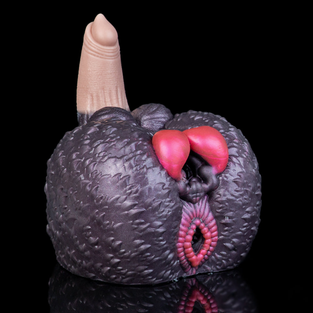 Gray textured double-channel adult toy with pink heart-shaped center and beige stem