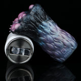 Fabric-covered flashlight with blue and pink swirl pattern, metal end cap and lens