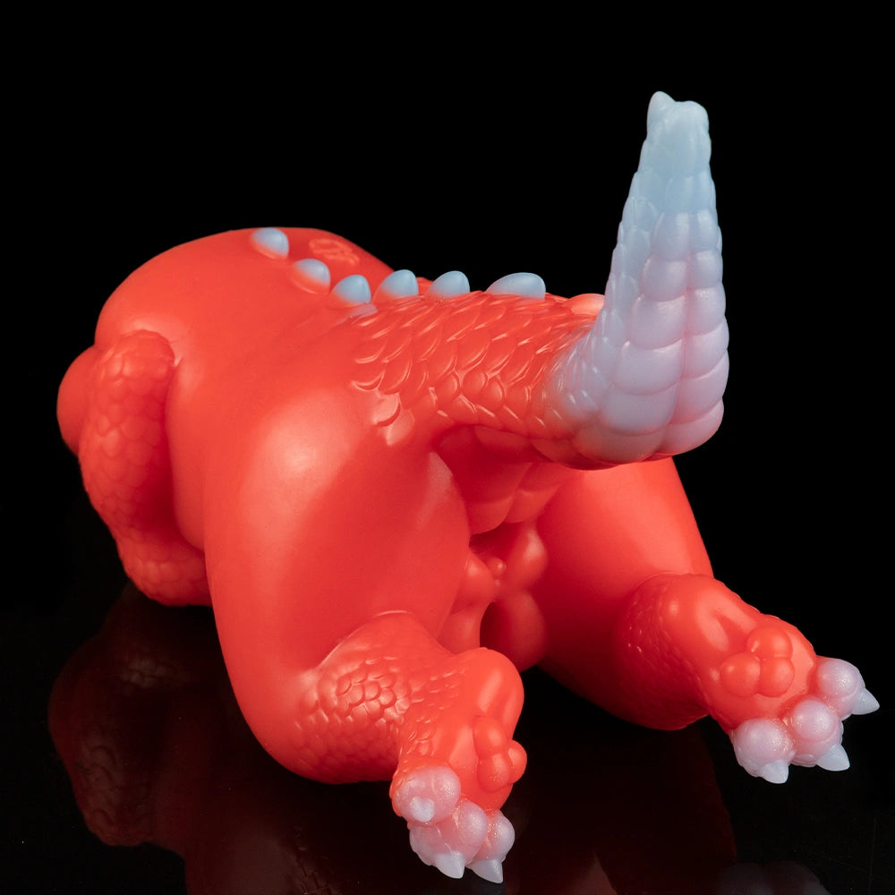 Red dragon fantasy sex toy in side pose, featuring horned head and winged back