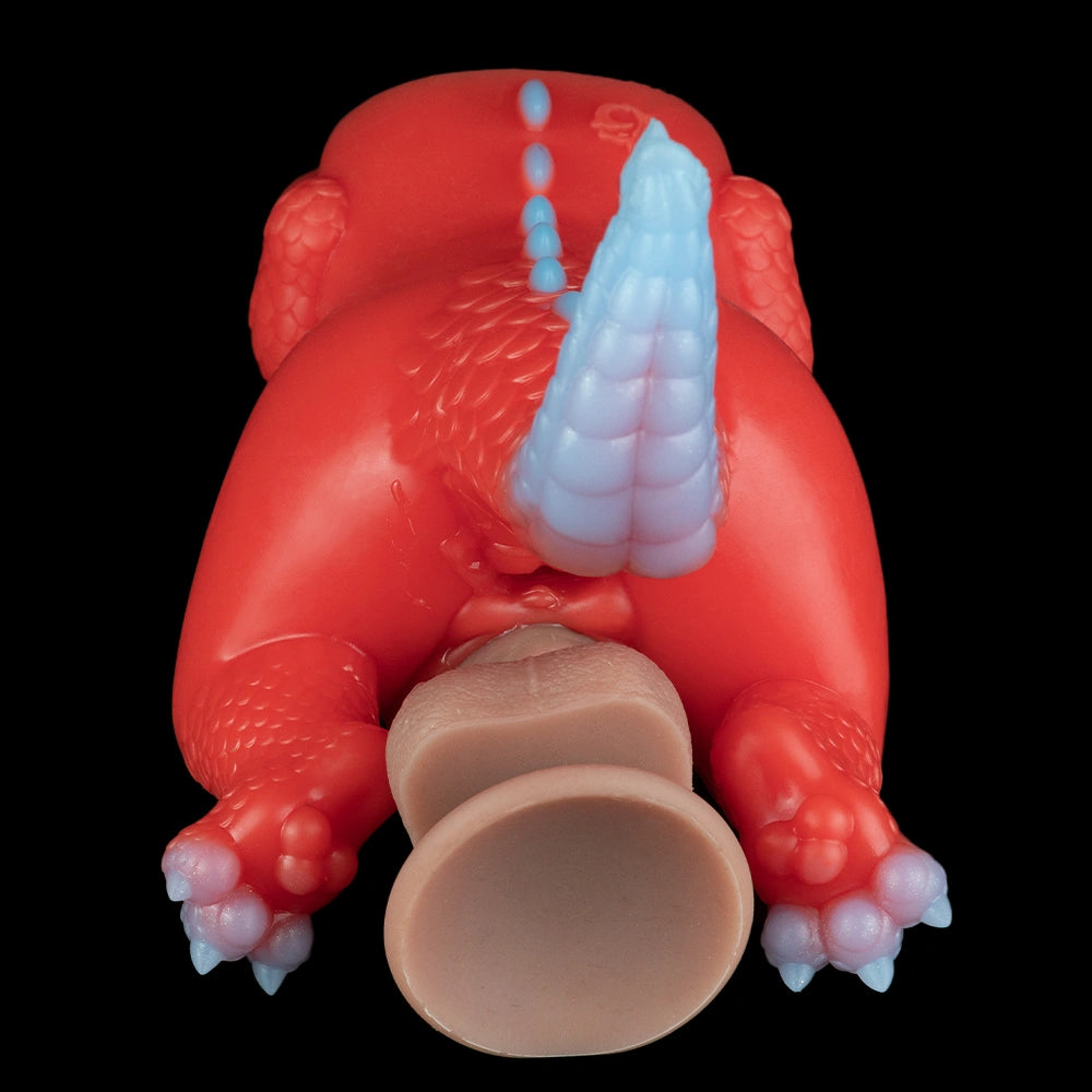 Red dragon fantasy sex toy front view with horn and open channel opening