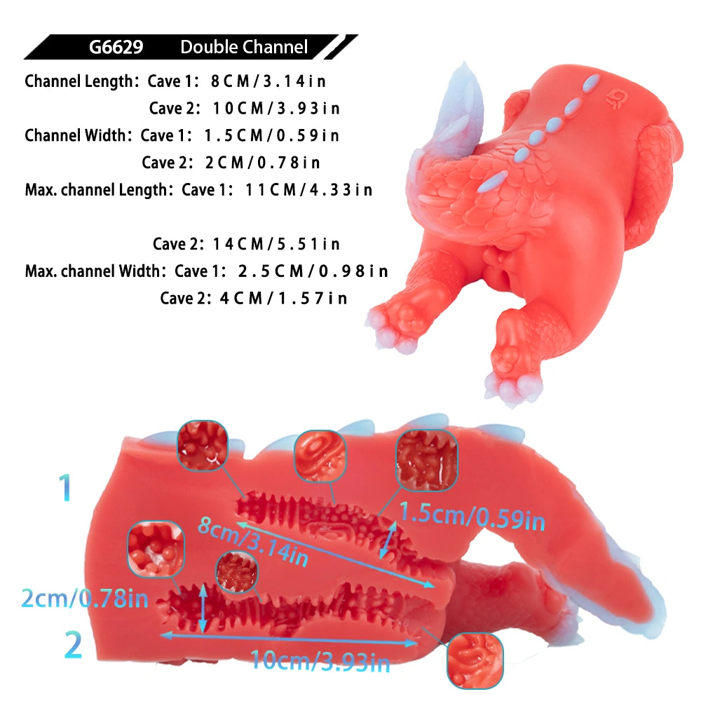 Red dragon fantasy sex toy layout view showing sculpted torso and channel markings