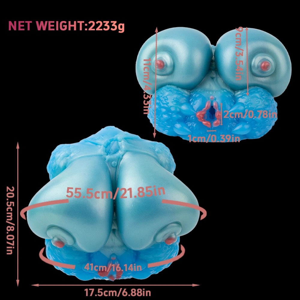 Teal and blue breast-shaped silicone sex toy shown from front and back