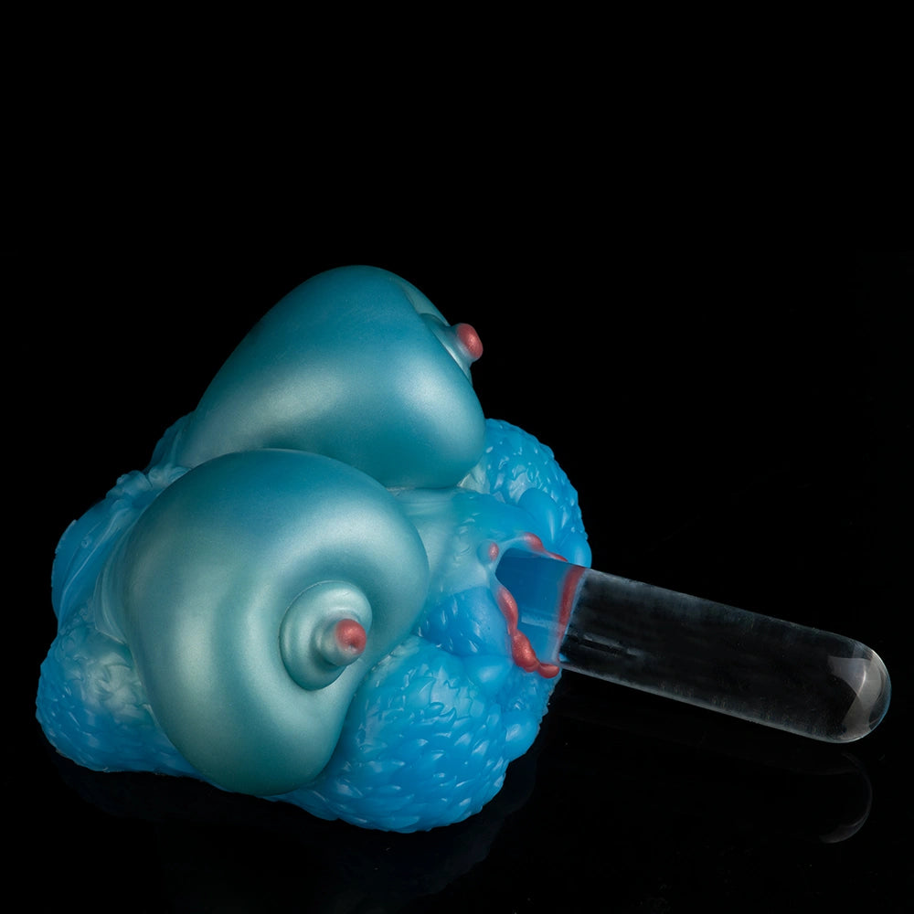 Teal silicone breast-shaped sex toy with extended clear tube