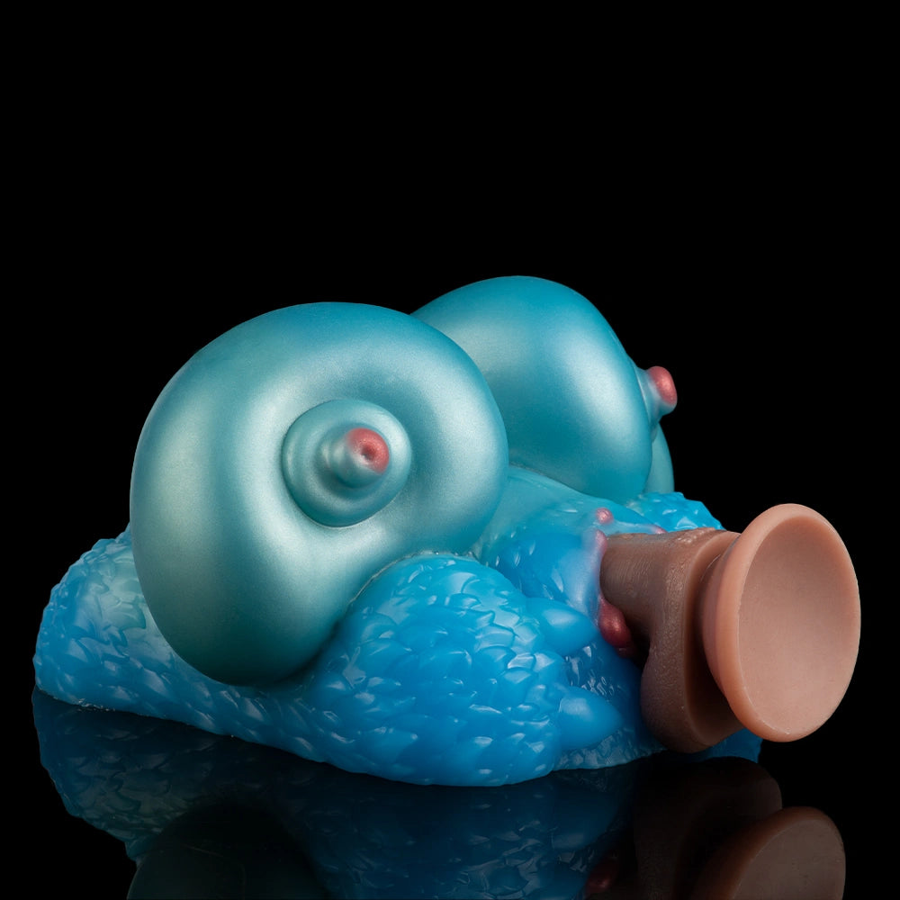 Teal silicone breast-shaped sex toy with side opening and textured blue base