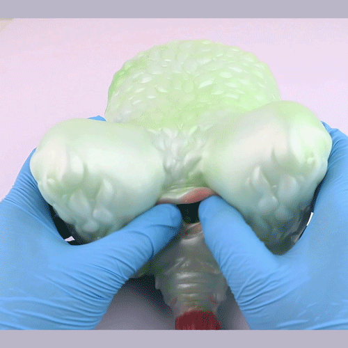 Green silicone novelty butt plug with pink tip and molded ridges, close-up.