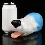 White canister with black lid and blue foam glove hand