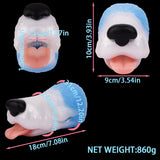 Dog-shaped toy with white body and light blue back, black nose, and open pink mouth