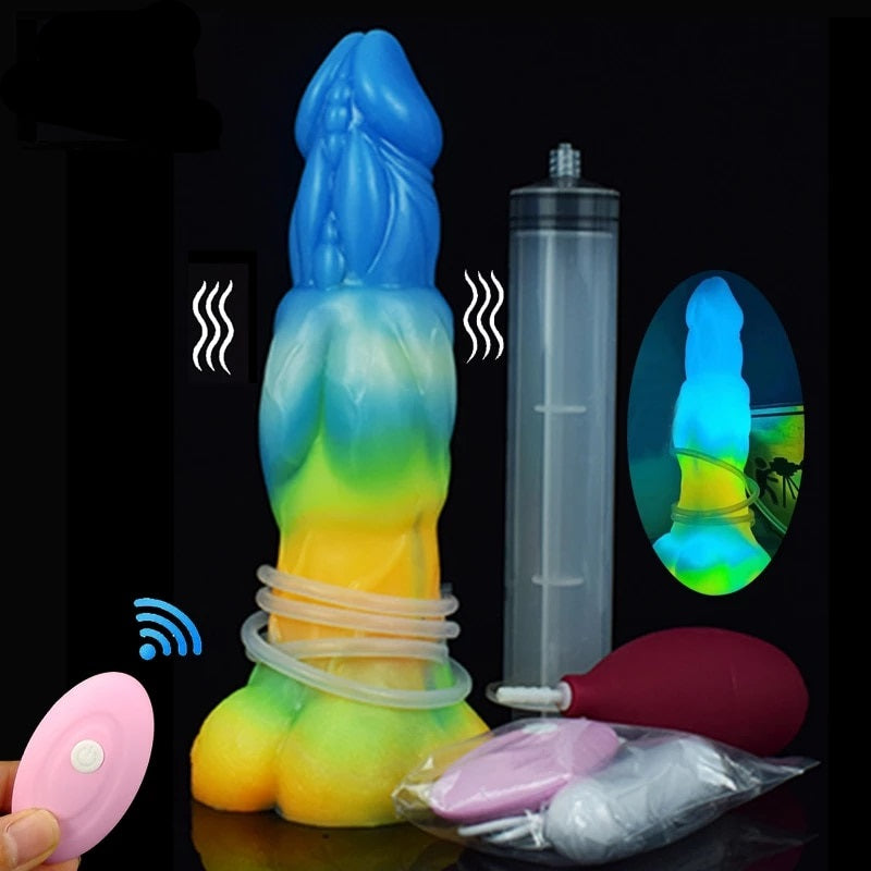 Glow-in-dark monster-shaped vibrator with blue-to-green effect and remote controller
