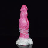 Pink translucent silicone vibrator close side view, non-luminous finish, with base band.