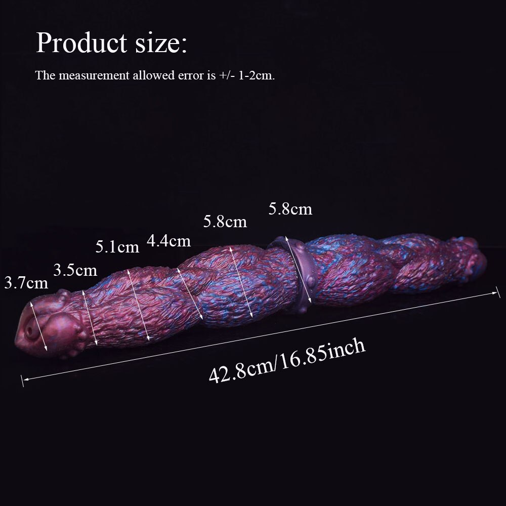 Double-ended dildo dimensions shown: 42.8 cm length