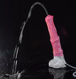 Pink translucent dildo with clear suction tube and white marbled base, side view