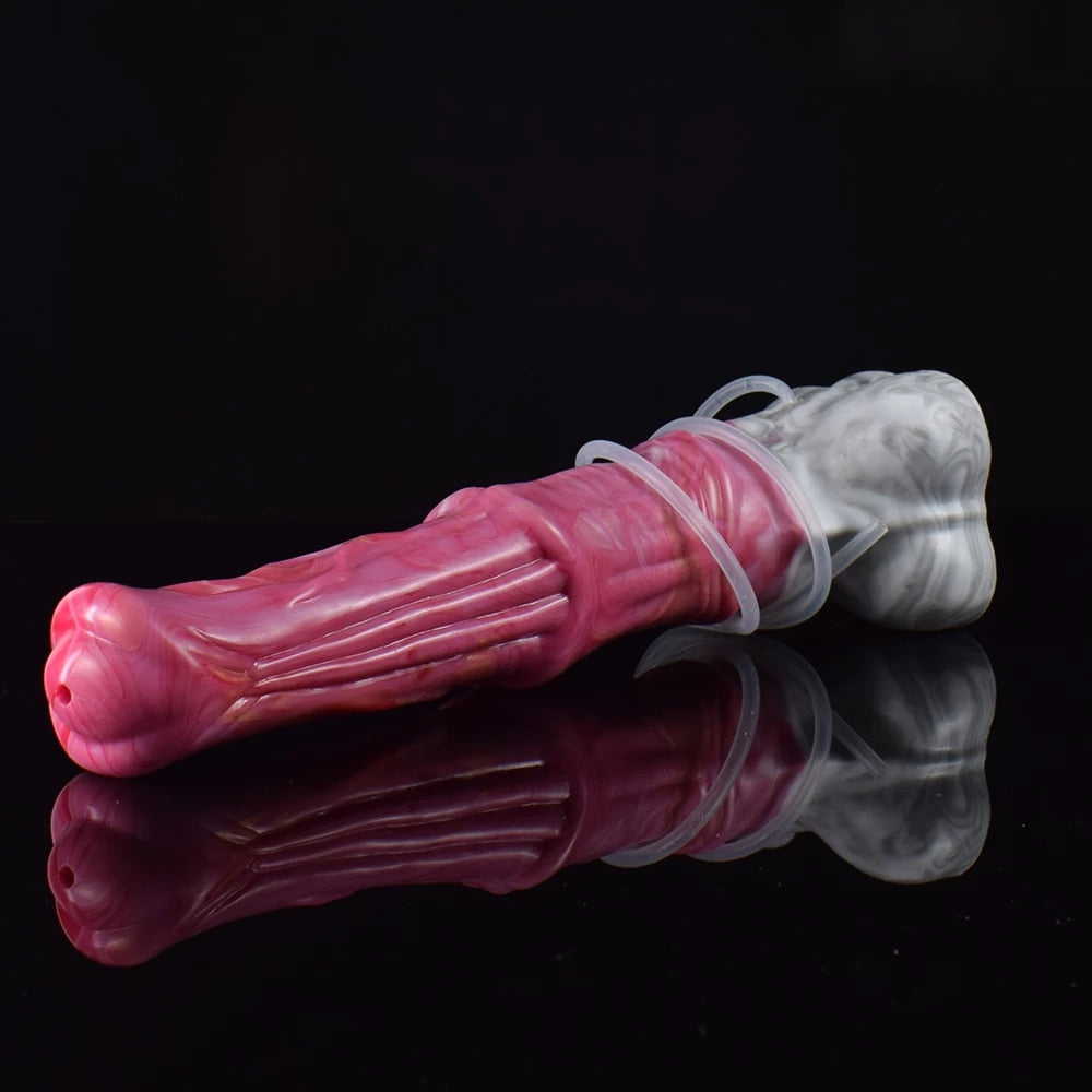 Pink translucent dildo with clear strap and white marbled base, side-by-side angle