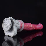 Pink translucent dildo with wide white marbled base, reflected angle