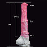 Size chart view of pink translucent dildo with white marbled base and measurements