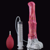 Huge pink translucent dildo with white base, plus syringe and red bulb pump