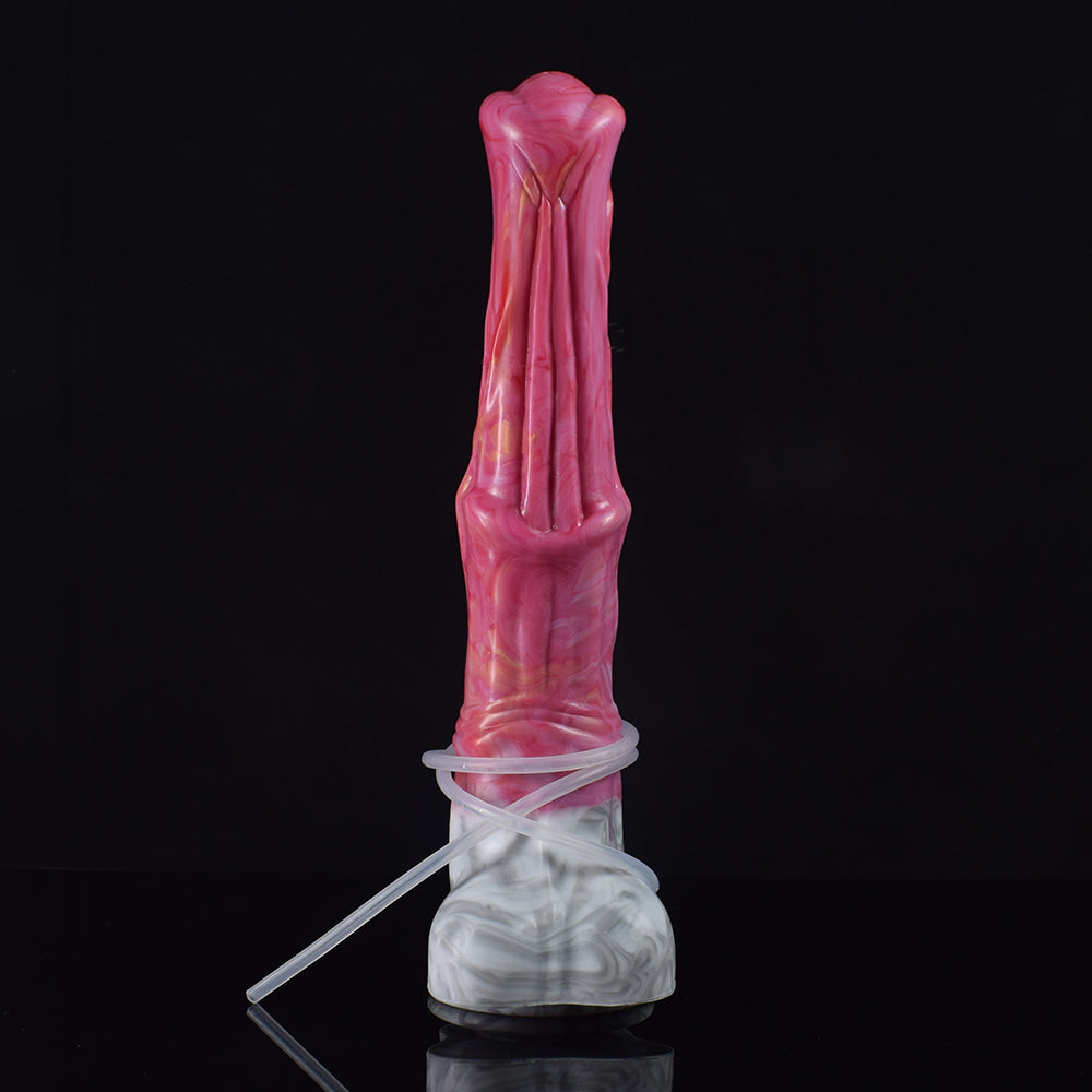 Pink translucent dildo with white marbled base and clear tube looped around