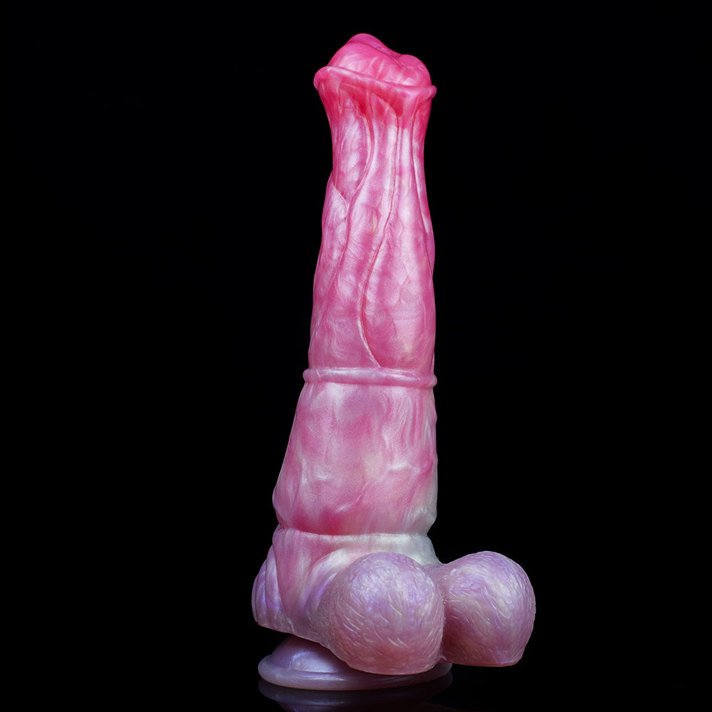 Standing horse dildo, pink shaft with thicker coiled base and rounded ends