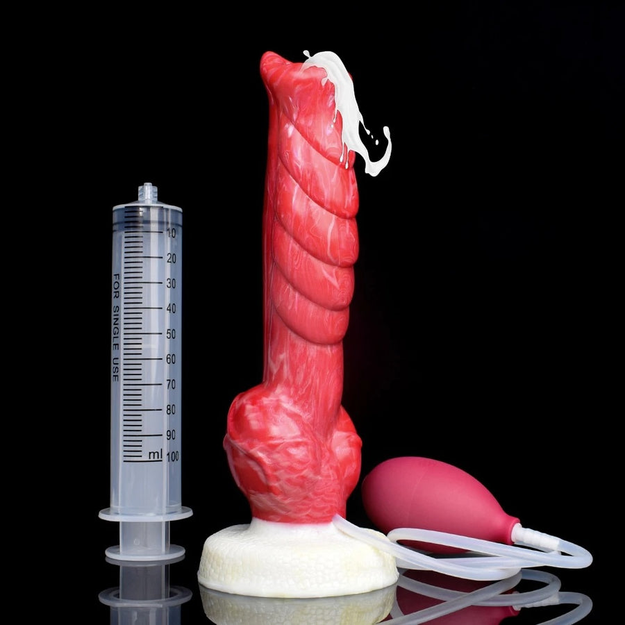 Red textured werewolf-style dildo with white base and attached clear tube.