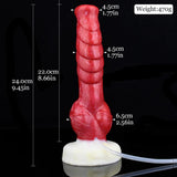 Red textured fantasy dildo with white base and clear tube; size diagram shown