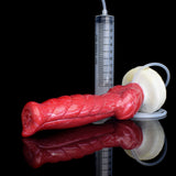 Red textured squirting dildo with white base, clear tube, and 100 ml syringe