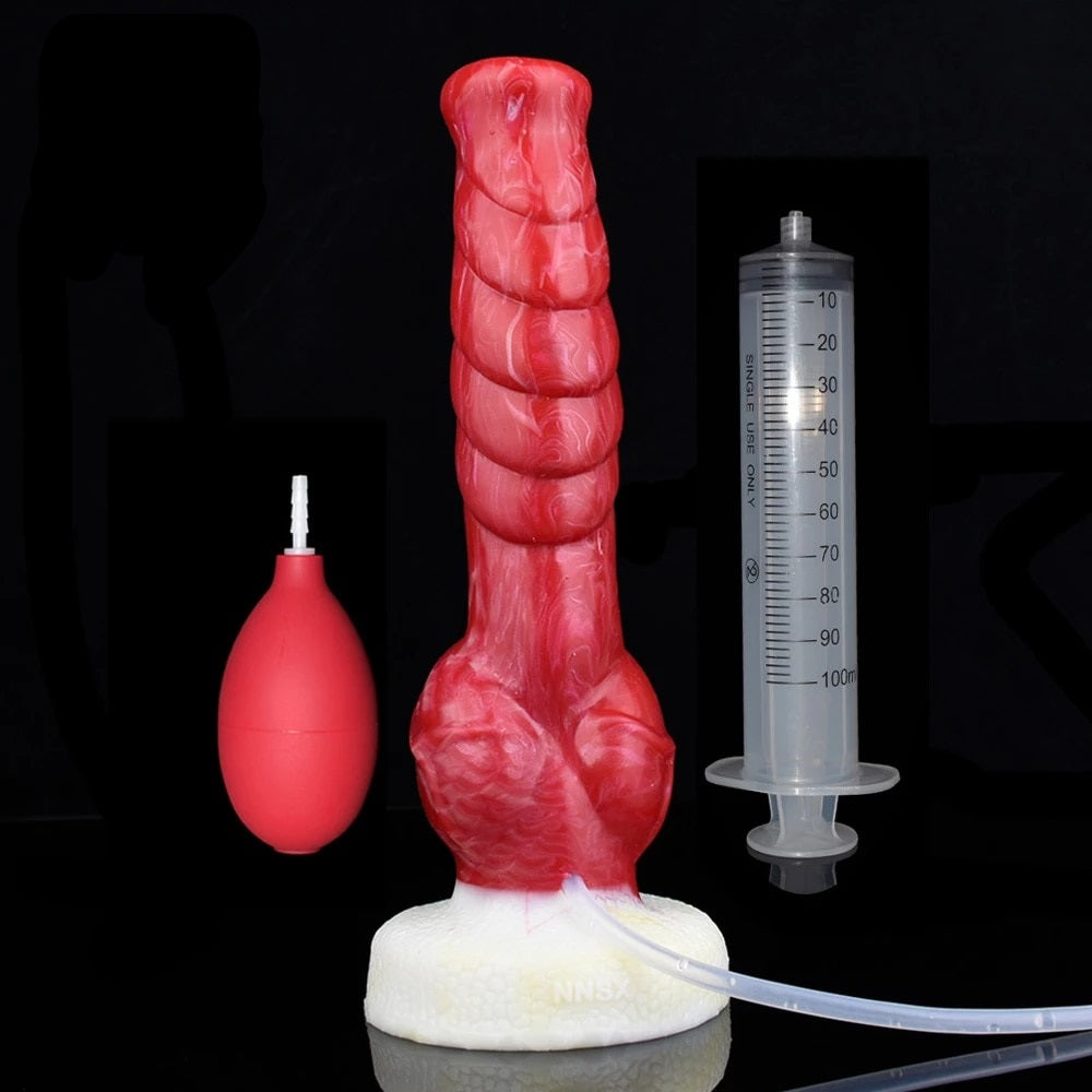 Red ejaculating werewolf dildo with base, side squirt bulb and dosing syringe