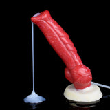 Red textured dildo with white base; clear tube and valve bubble visible