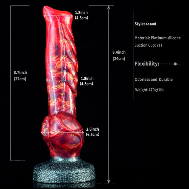 Ribbed silicone novelty toy with textured base and red marbled pattern, upright view