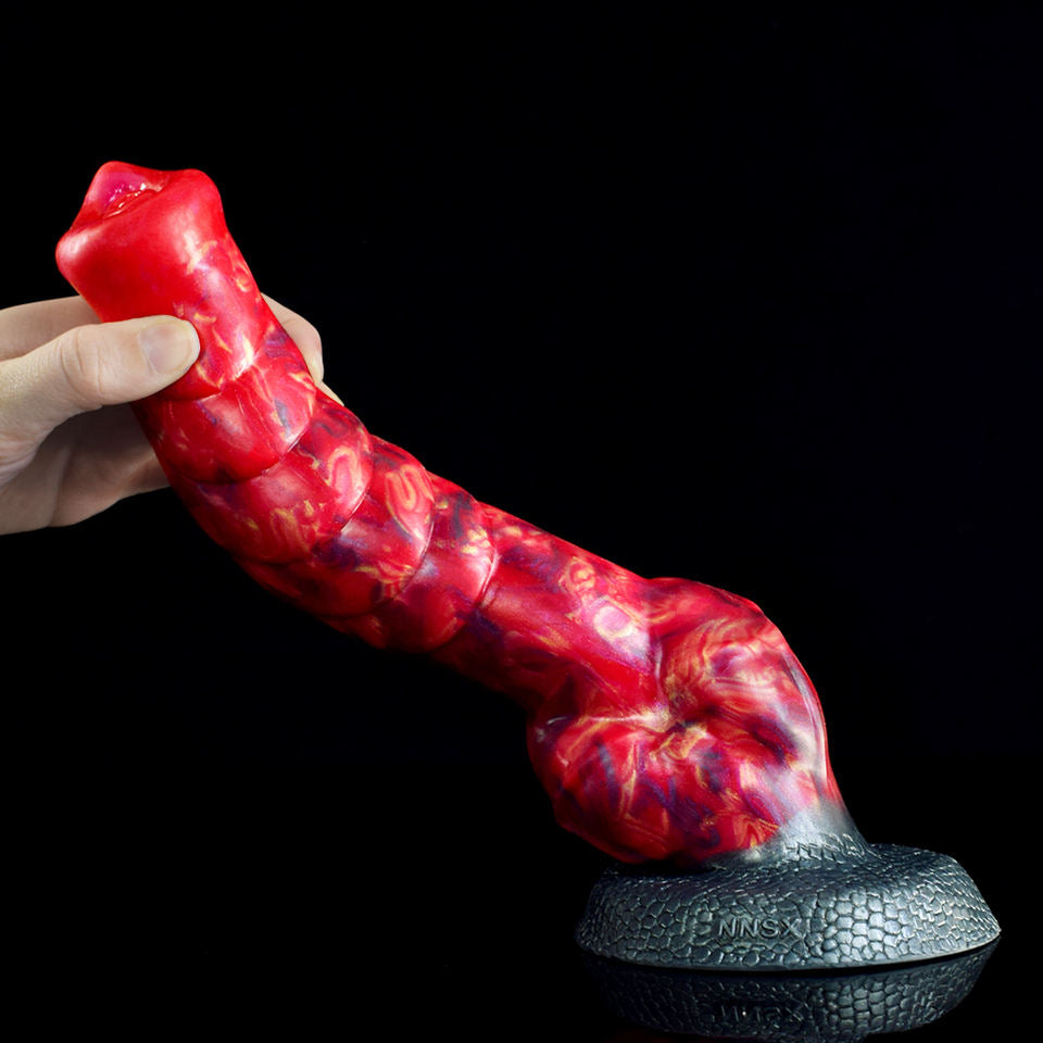 Handgehaltener Huge Werewolf Dildo: rotes geripptes Design, schwarze Textur-Basis