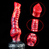 Red ribbed dildo with pointed tip, with close-up views in circles