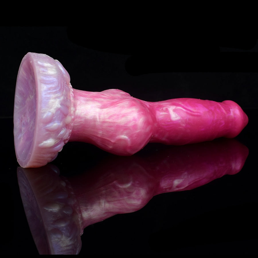 Realistic canine-style dildo with large knot, glossy pink body and light purple rim