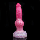 Pink realistic dog dildo with huge knot, upright profile view