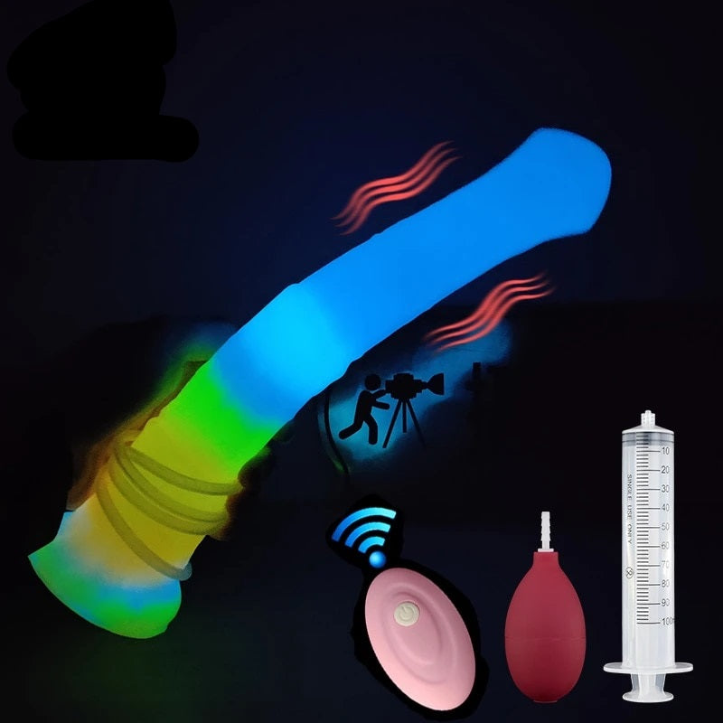 Luminous rainbow equine-style vibrator with glowing blue body and textured base