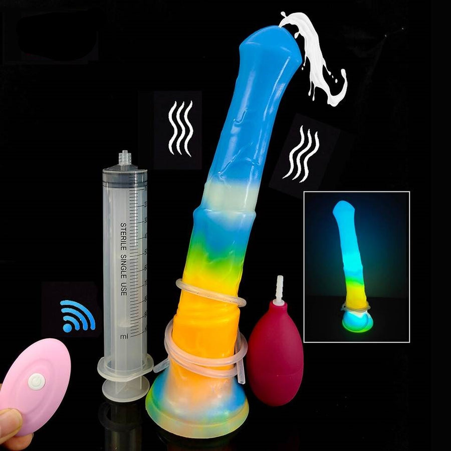 Rainbow luminous vibrator with detachable nozzle, pink cap, and measuring syringe